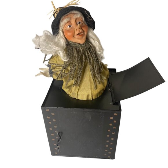 Vintage Jack-In-The-Box Scarecrow Witch Figure Black Metal Box Halloween Prop - Picture 1 of 8